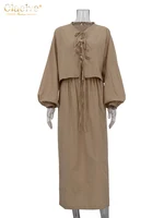 Clacive Casual Loose Khaki Cotton 2 Piece Sets Women Outfit Fashion Puff Sleeve Lace-Up Shirt With High Waist Long Skirts Set - Image 4