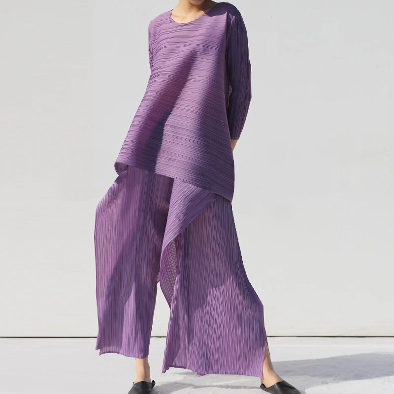 Miyake Pleated Women Two Piece Sets 2023 Summer Long Sleeve T-shirt Tops Ladies Loose Pants Original Designer Causal Clothes 5