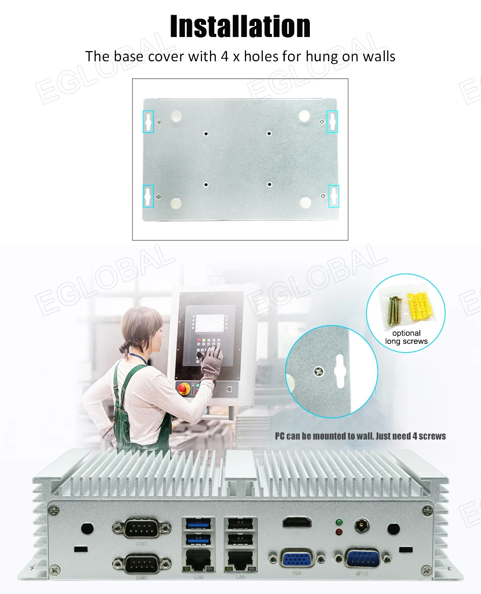 Eglobal Industrial Fanless Mini PC with I5 6300U, I7 10510U, Windows 7/8/10, VPN Router, VGA, HDMI, 4G, WiFi, BT Description Image.
