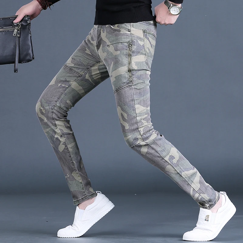 Autumn Men's Camouflage Jeans Casual Slim Fit Straight Leg Pants Streetwear Fashion Cotton Army Green Denim Trousers CP2071