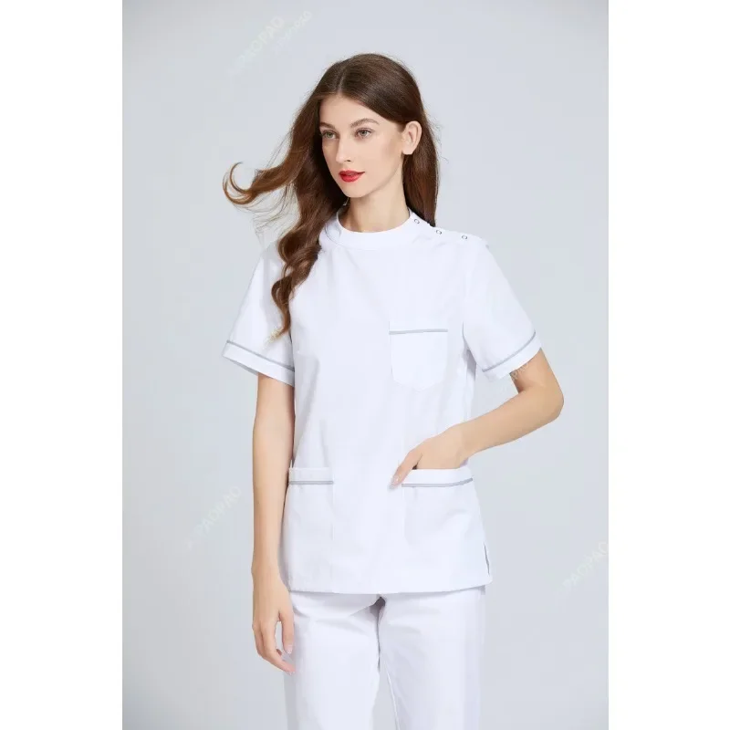 

Women's Summer Round Neck Short Sleeve Scrub Uniforms Skincare and Babycare Nuring White Working Clinic Receptionist Overalwear