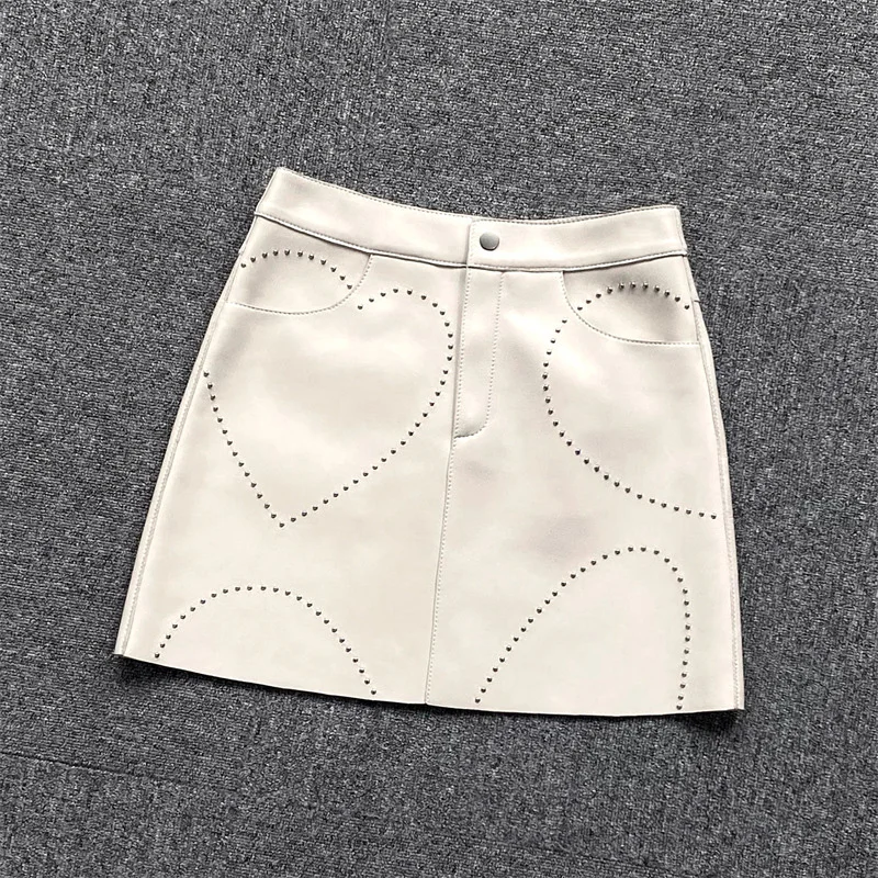 

2023 Fashion Real Sheepskin Leather Skirt Women New Design Lady Streetwear Heart Pattern Mini Skirt Zipper TF5600
