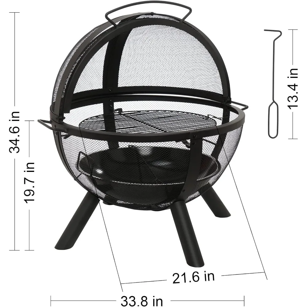 Ball of Fire Pit 35" Outdoor fire with BBQ Grill Globe Large Round Pit,Patio Fireplace for Camping, Heating, Bonfire and P