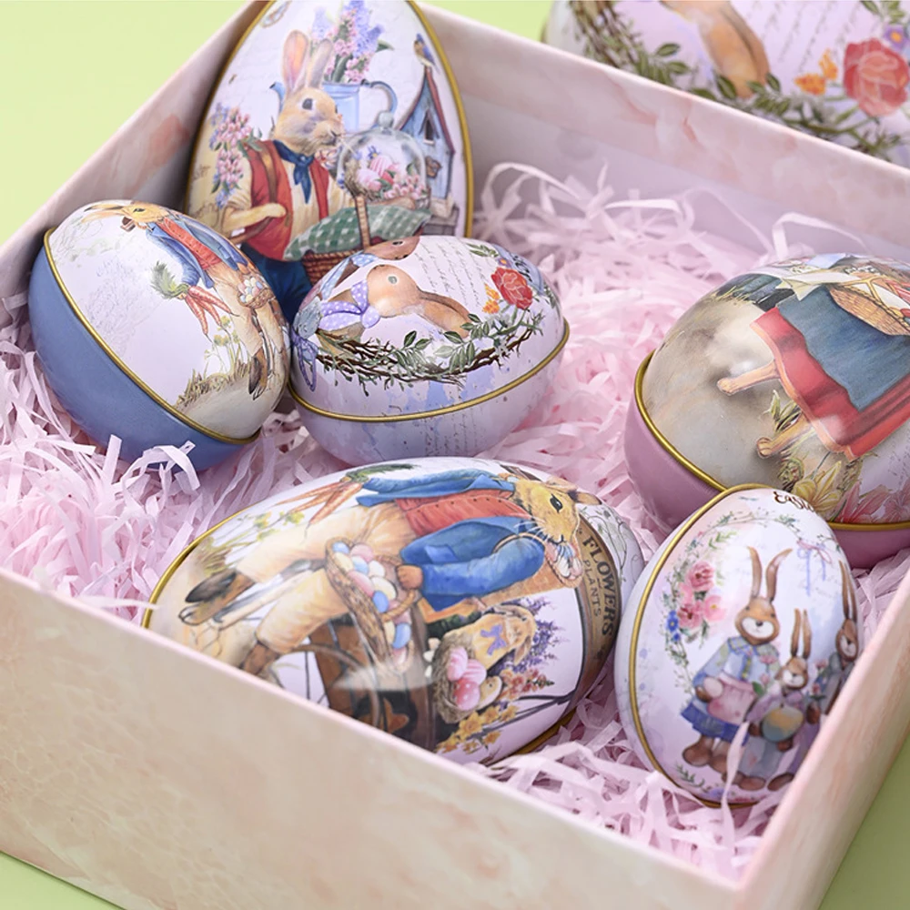 3/6pcs 부활절 달걀 모양의 주석 사탕 상자 빈티지 토끼 토끼 인쇄 금속 달걀 껍질 쿠키 컨테이너 부활절 파티 선물 호의 장난감