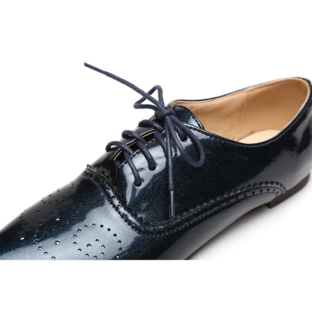 Fashion Women Glossy Oxfords Black Blue White Female Brogue Shoes Low Heels ASP51-5 Plus Big Size 32 43 10