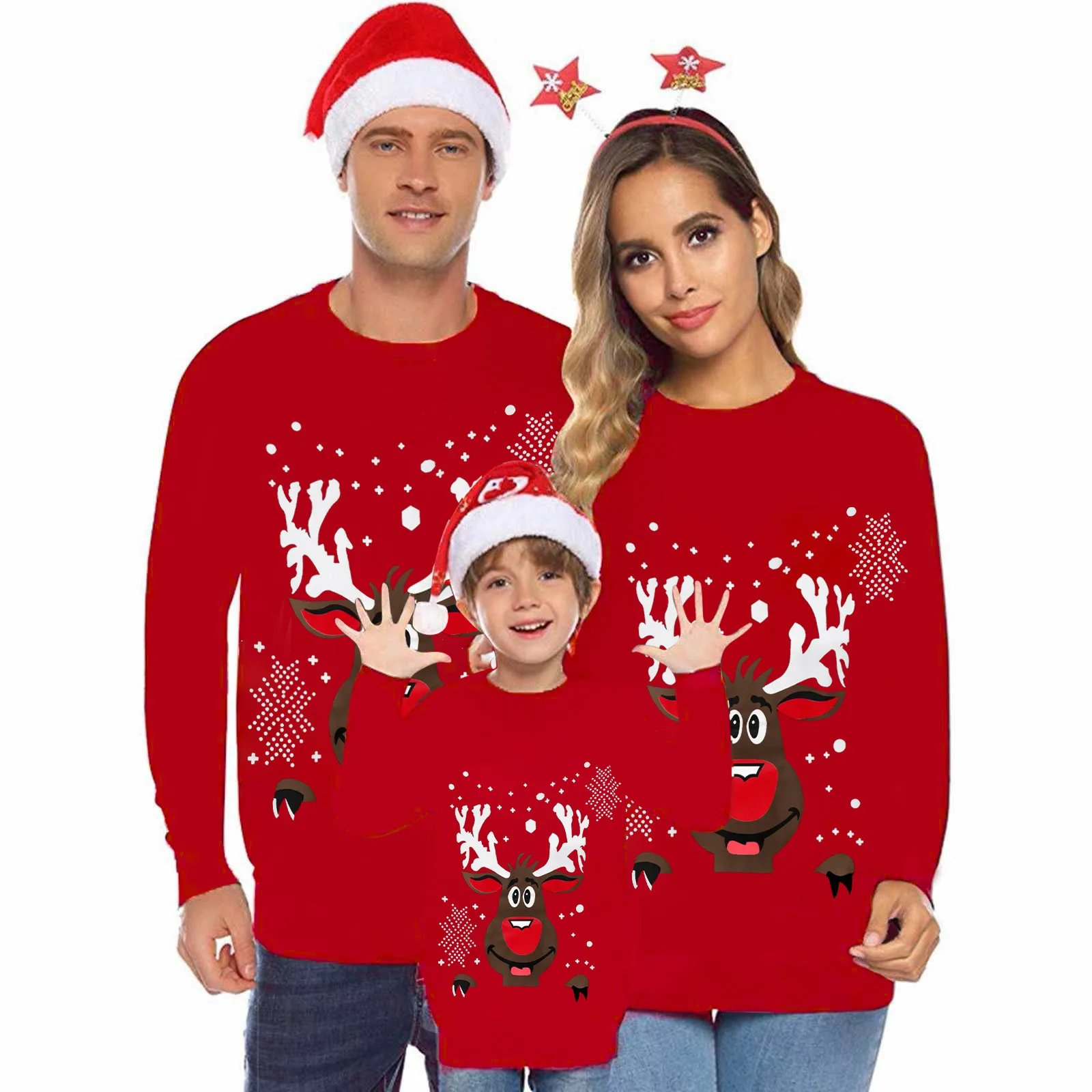 thumbnail image 1 of Sudadera fea de estilo navideño en 3D con apariencia familiar y estampado de renos, conjunto navideño para padres e hijos, trajes a juego, jersey navideño, 1 of 5