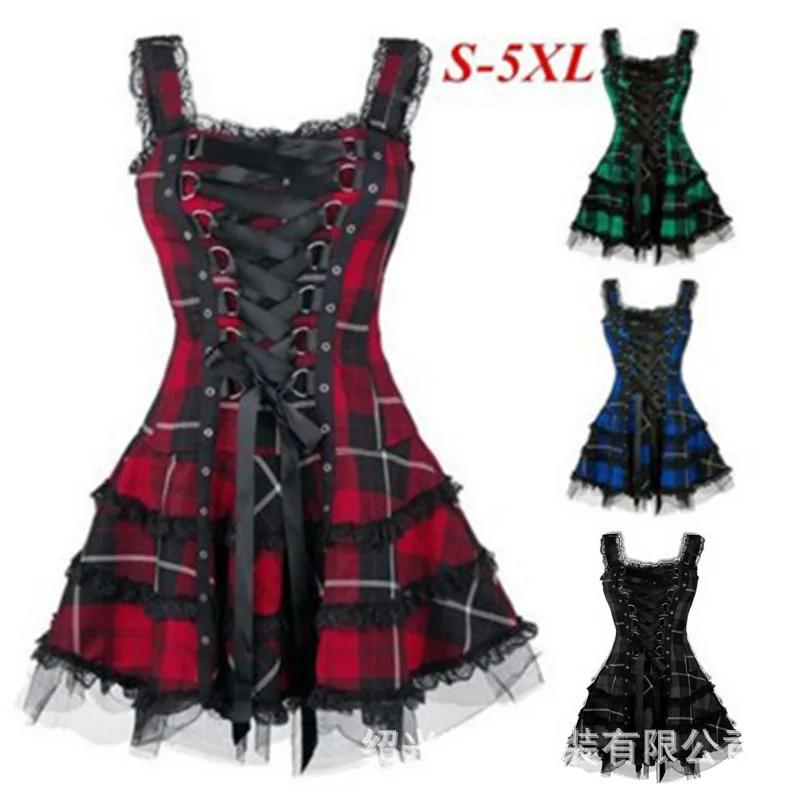 

Women's New Plaid Printed Lace Dress with Buckle and Tie Sleeveless Mesh Midskirt
