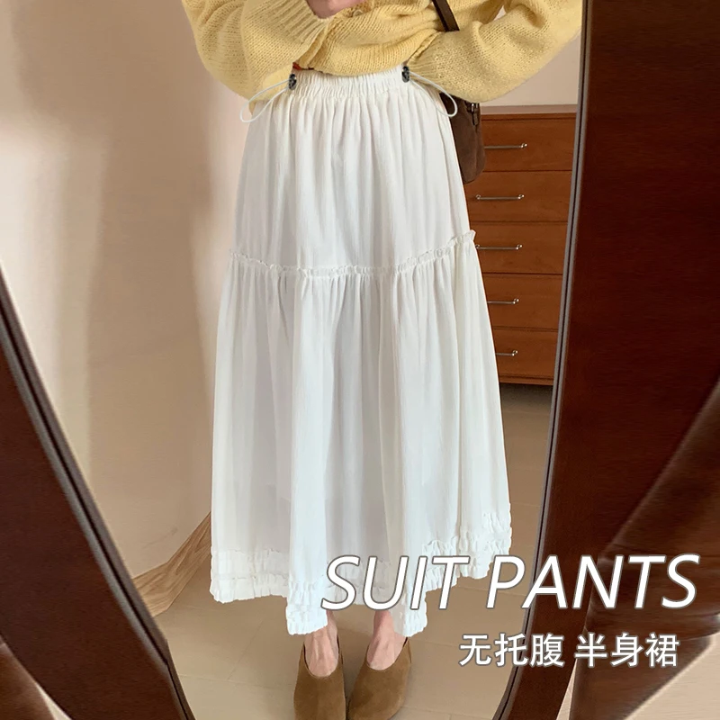 Korean Style Summer Pregnant Woman White Skirts Drawstring Waist Ruffles Hem Patchwork Elegant Lace Maternity Skirt for Women