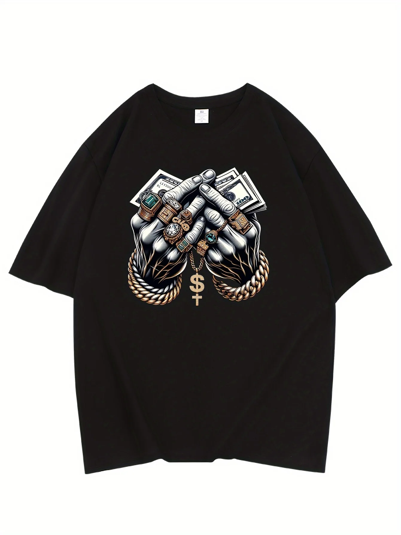 Stilvolles Herren-Hemd aus 100 % Baumwolle mit Hand- und Geldmuster, kurzärmliges T-Shirt für City Walk Street, zum Aufhängen von Outdoor-Aktivitäten