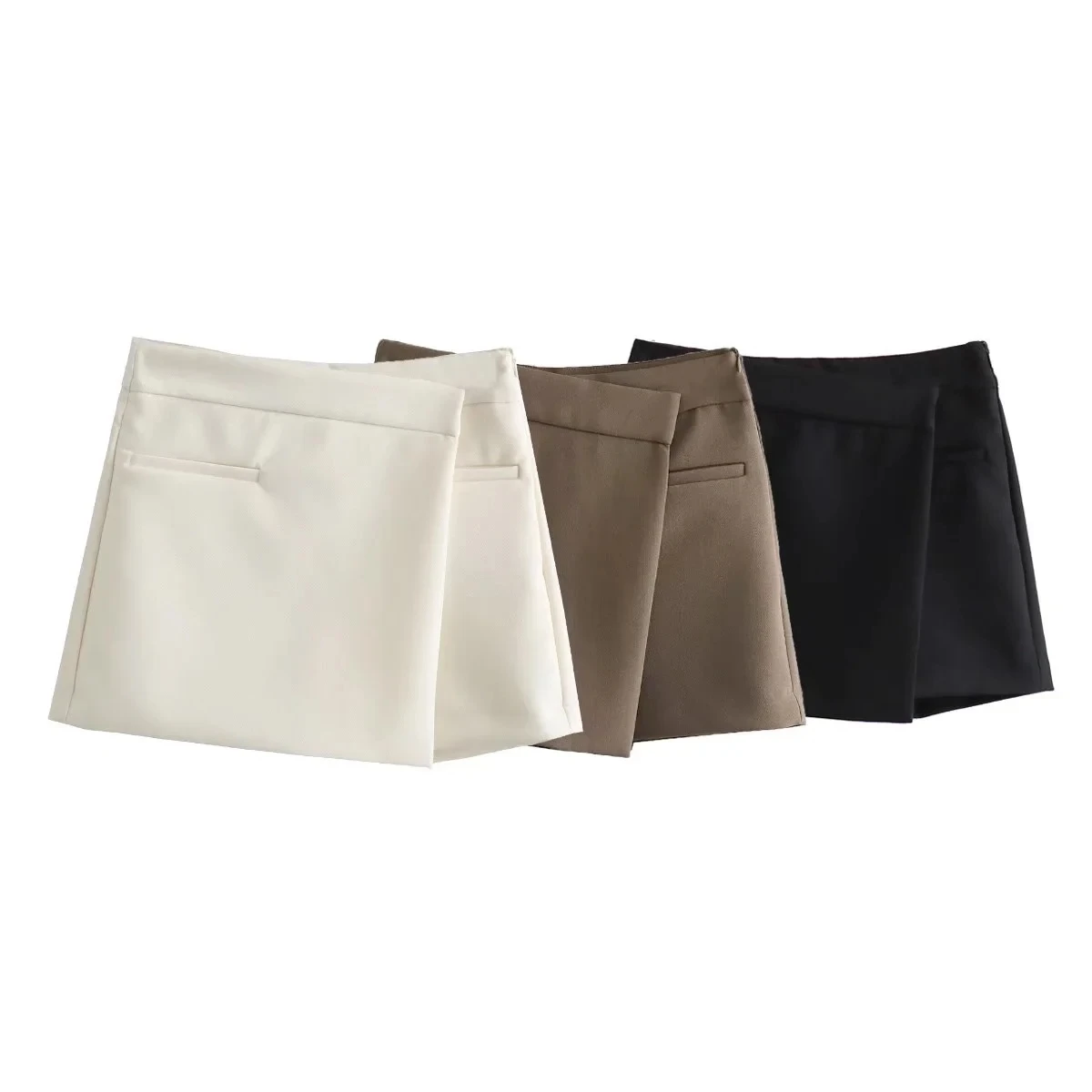 

TRAF High-Waist Skort Women Fashion Asymmetric Hem Skirts Woman Elegant Front Pockets New Shorts Female A-Line Aesthetic Skort