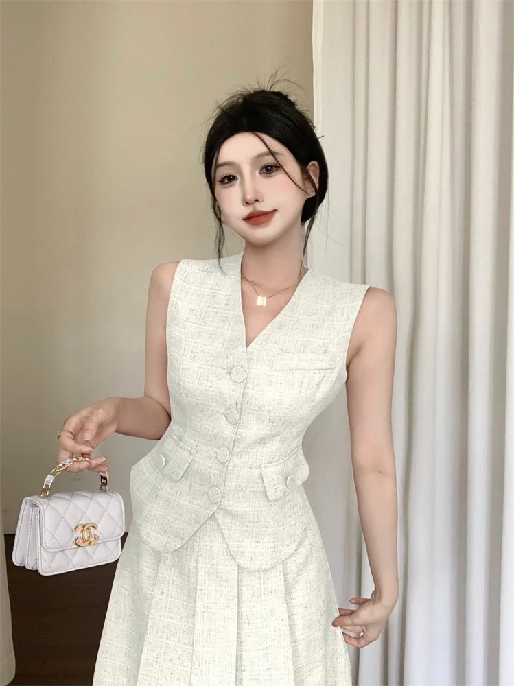 Small Fragrance Fashion Vintage Luxury Tweed Women's Vest Coat Outwear + High Waist Elegant Long Skirts Two Pieces Set Suit