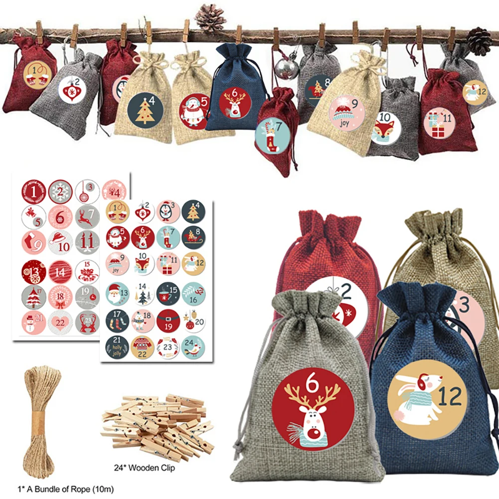 24Days Christmas Advent Calendar Bags DIY Set with Paper Sticker Christmas Countdown Calendar