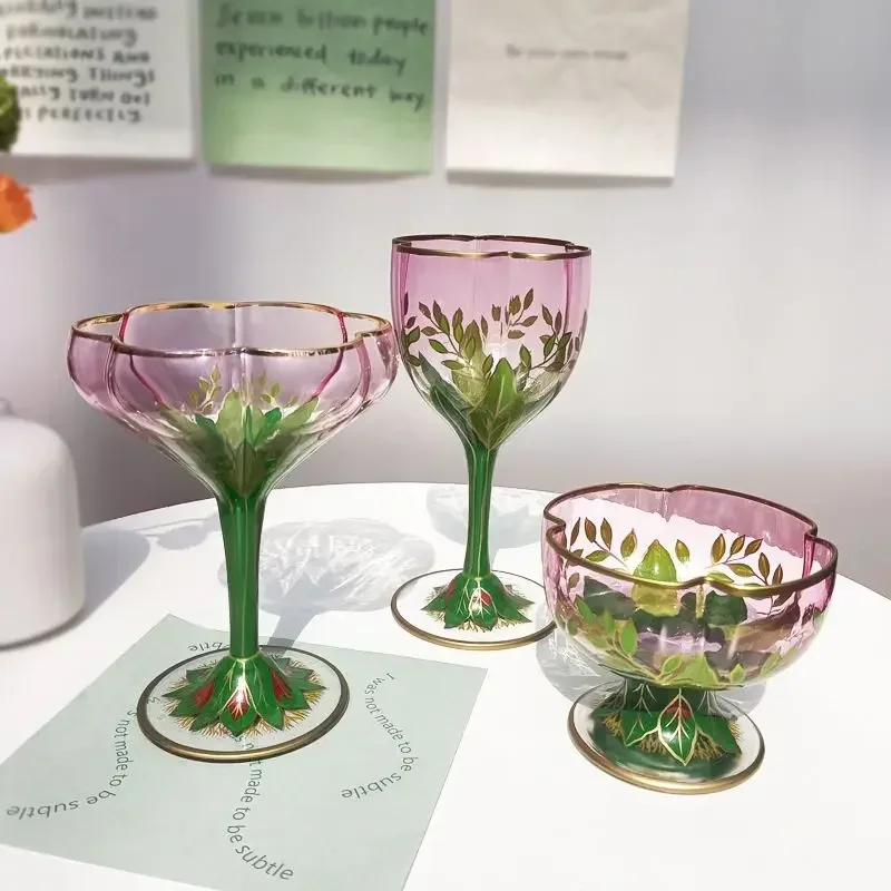 Austrian Style Hand-painted Champagne Glass Crystal Red Wine Cup Ice Cream Bowl Vintage Flower Pattern Glass Cup 1pcs