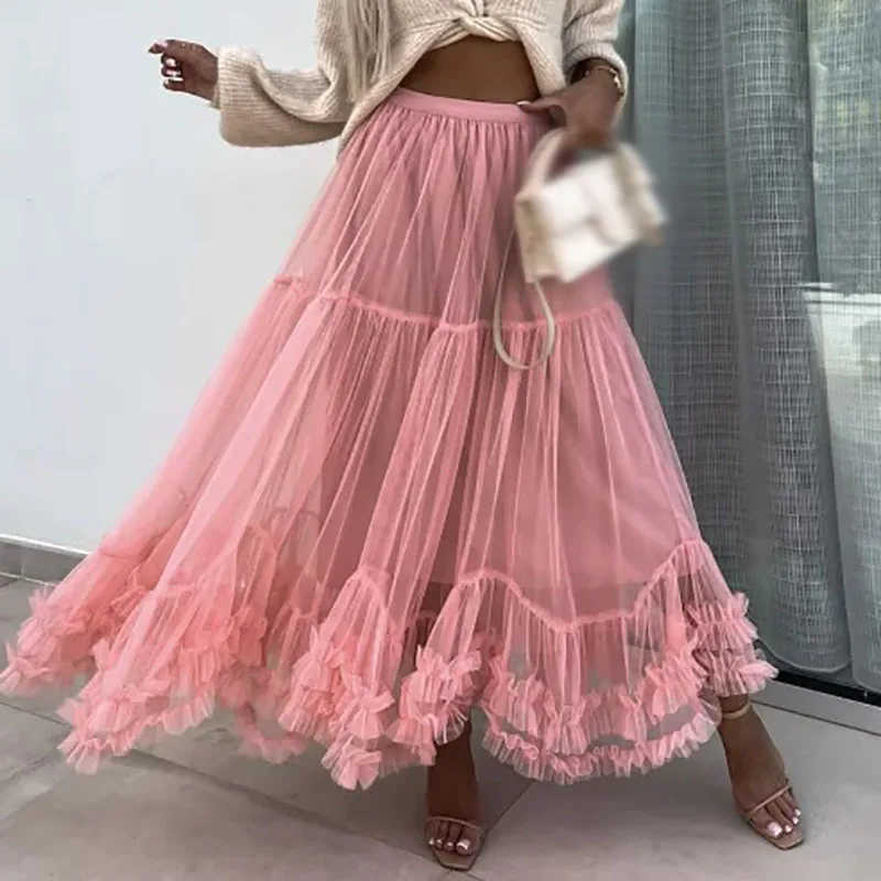 

Women's Casual Multi Color Mesh Elastic Waist Beach Dress Simple Office Pleats Half Dress 2024 Spring Summer Loose Party Skirts