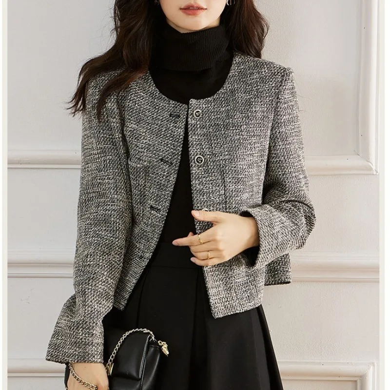 

Укороченная куртка для женщин, пальто, осенняя укороченная куртка, однобортная модная универсальная куртка с круглым вырезом и длинным рукавом, пальто в стиле Харадзюку