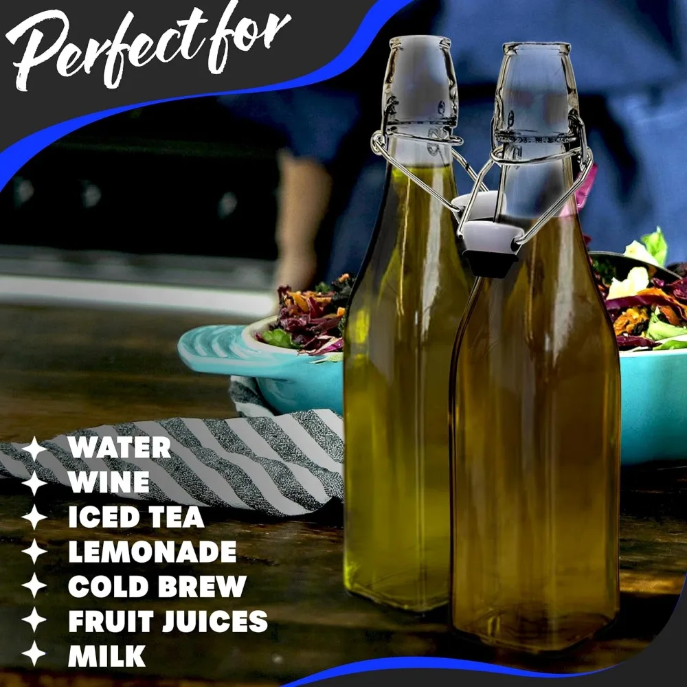 12 Pack 17oz Square Glass Bottles with Lids | Swing Top for Beer Home Brewing, Limoncello Storage Liquids w/Brush, Funnel 6