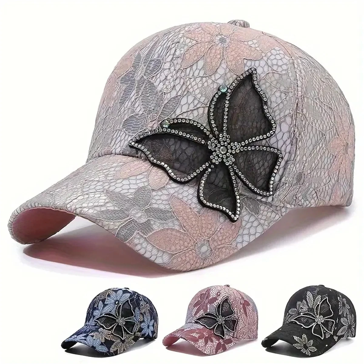 New Ladies small lace splicing breathable sunshade hat mesh inlaid diamond butterfly baseball cap 2