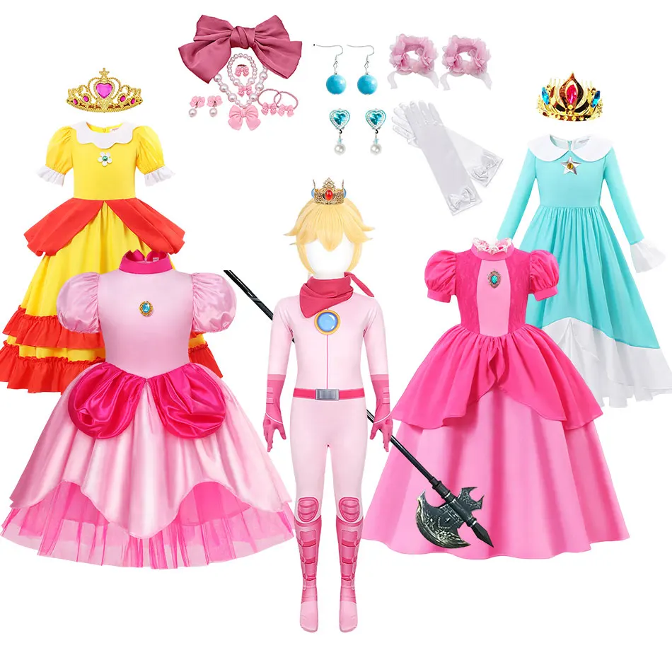 

New Princess Peach Dress for Kid Girl Fansy Clothes Dress Up Birthday Party Christmas Vestidos Children Ball Gown Peach Clothing