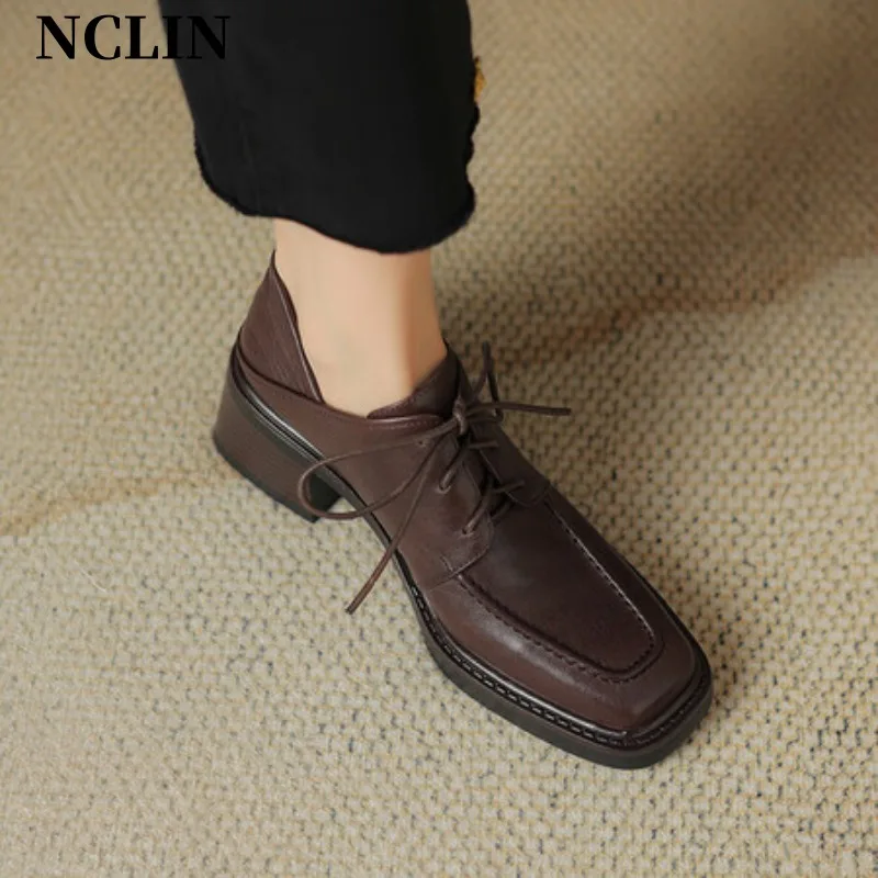 

New Spring Genuine Leather Women Shoes Square Toe Women Pumps Shoes for Women High Heel Chunky Heel Shoes Zapatos Mujer Loafers