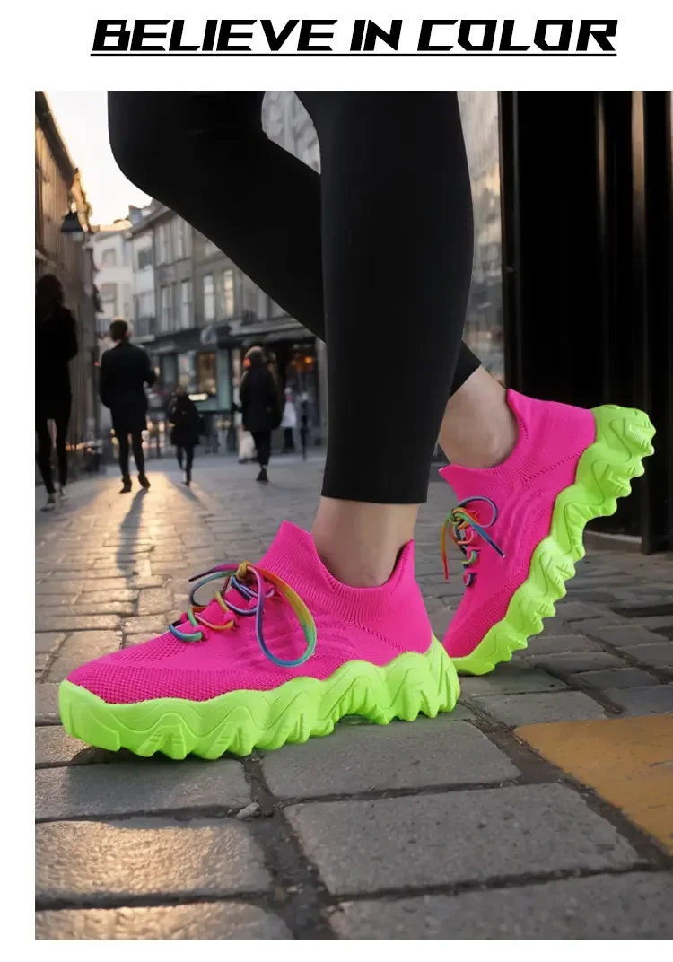 Spring Pink Casual Shoes Breathable Mesh Sports Sneakers Women Lace Up Ladies Comfort New Fashion Non-slip Sock Sneakers