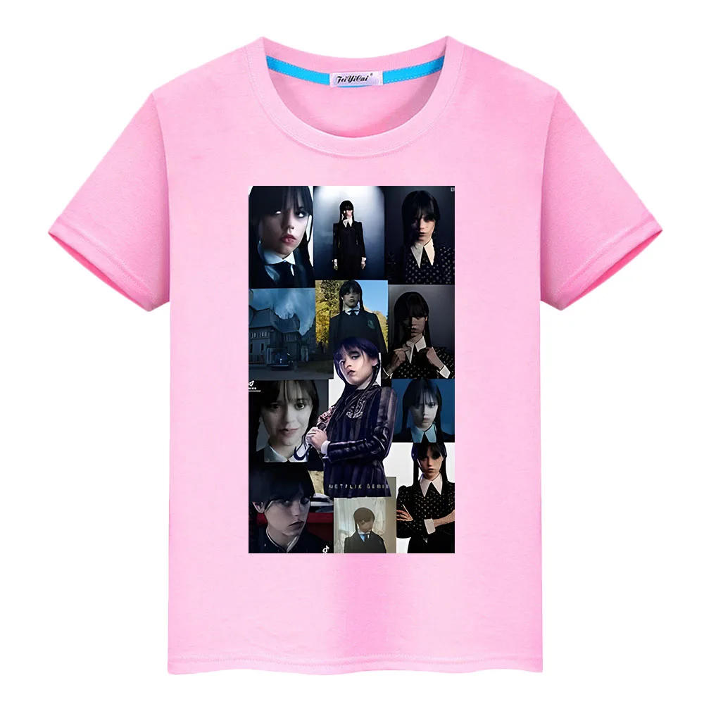 

Wednesday Addams Family kids T-shirt 100%Cotton Anime Tees Short Tops boys girl clothes y2k one piece Summer Children clothing