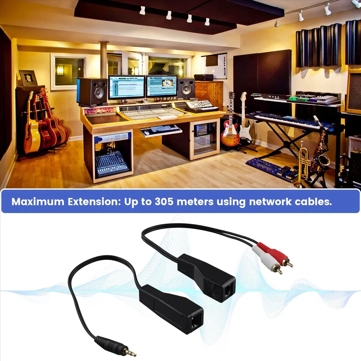 ABFN DC3.5mm 스테레오 및 RCA 레드 화이트 오디오 신호 발룬, Cat5/6 케이블을 통한 RJ45 암 커넥터에서 DC3.5mm 및 2xRCA 오디오 케이블로 변환