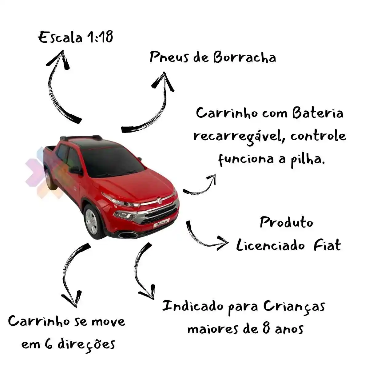 Carro Controle Remoto Bateria Fiat Toro 1/18 - Recarregavel Vermelho