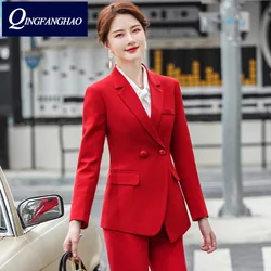 Terno vermelho feminino primavera e outono 2021 nova moda estilo britânico roupas de trabalho formal calças terno de duas peças hj