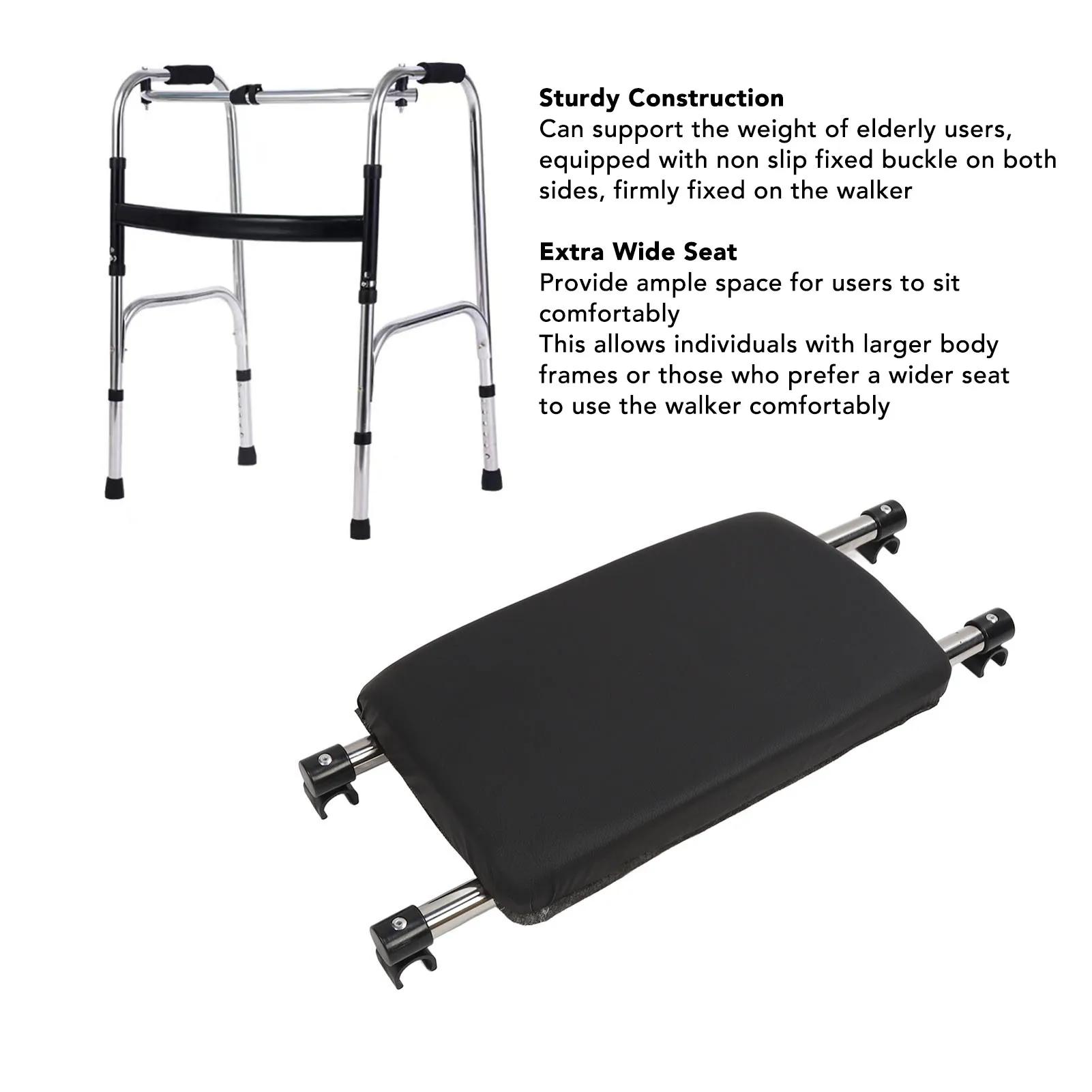 2Pcs Walker Seat Set Strong Load Bearing Black Soft Padded Rest Seat and White Quick Drainage Bath Plate Walker Attachable Seat 5