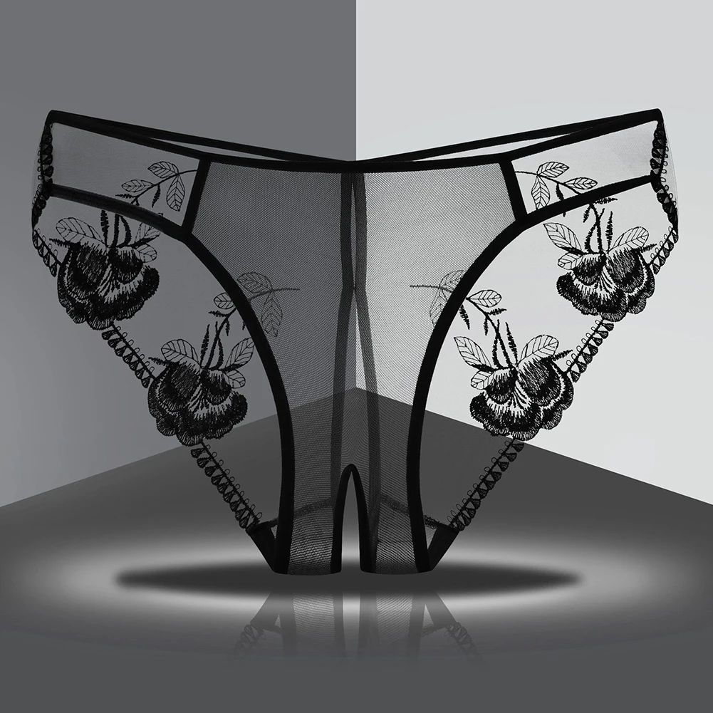 

Women Sexy Ultra Thin See Through Lingerie Lace Floral Embroidery Panties Crothless Underwear For Ladies Briefs Erotic Lingerie