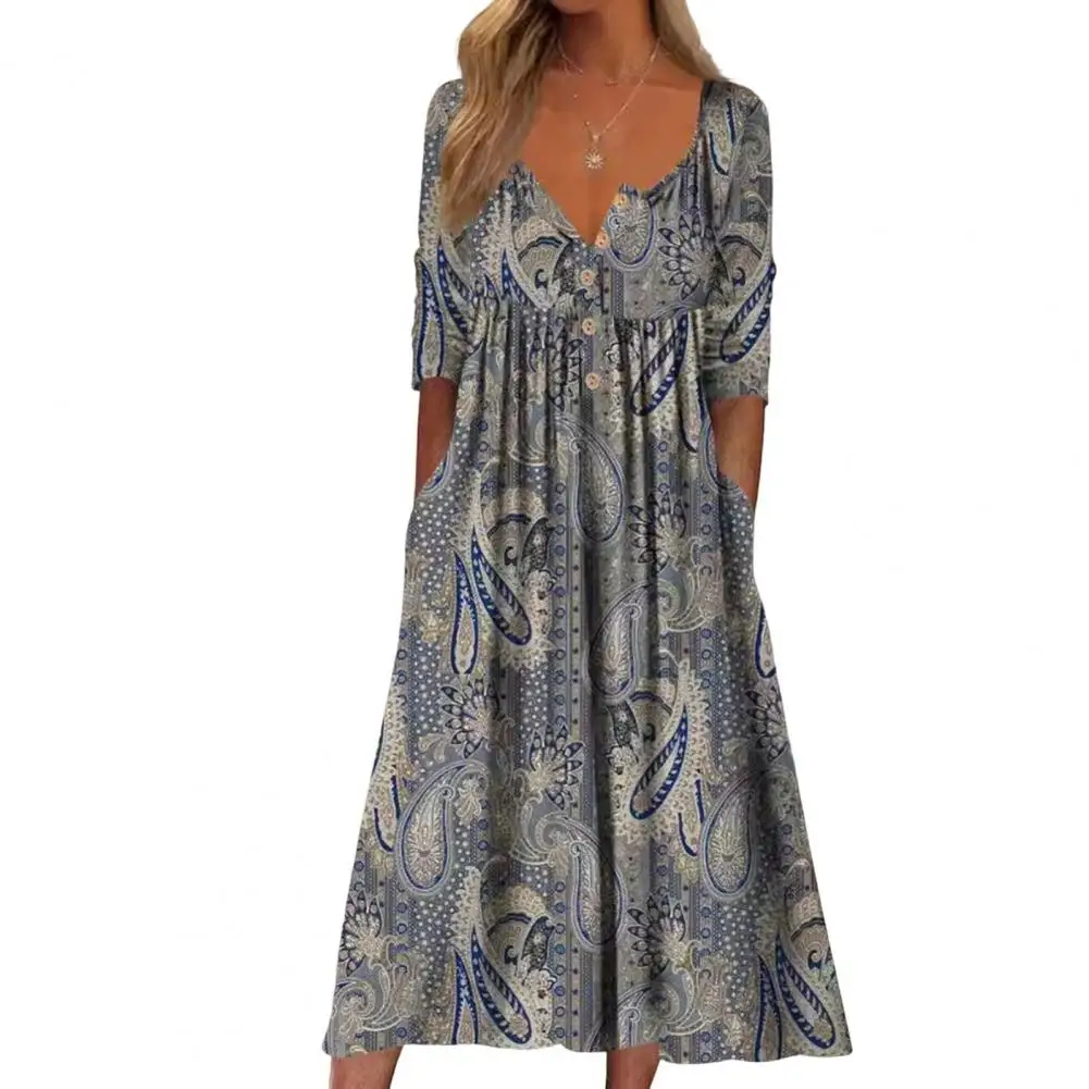 

Summer Women Dress A-line Loose Hem Pleated O Neck Short Sleeve Loose Side Pockets Print Mid-calf Length فساتين طويلة