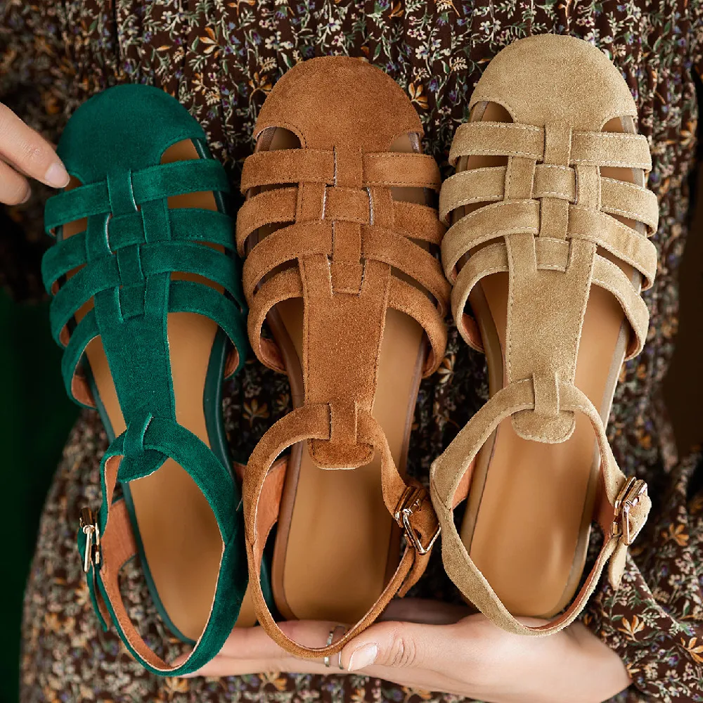 Women Summer Solid Soft Leather Spliced Flat Sandals CV1011 main image 0