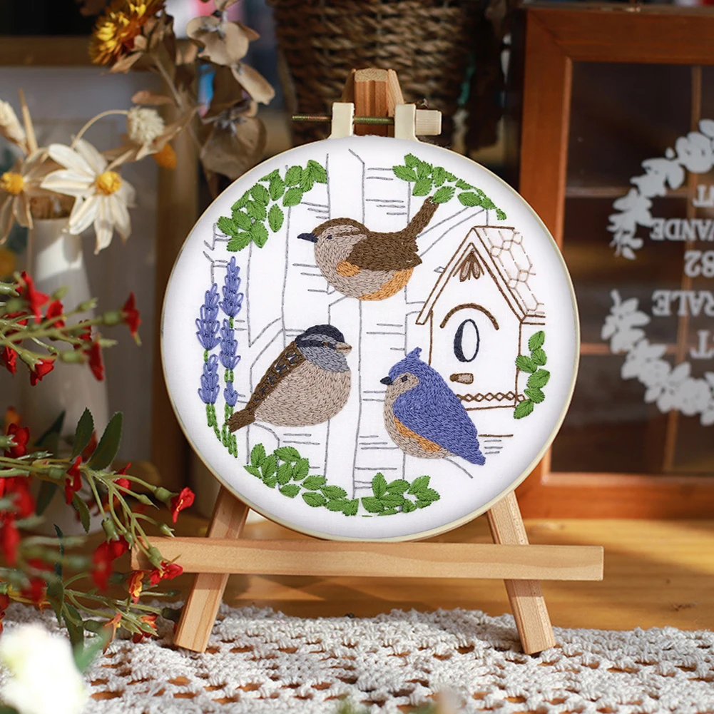 Animal Stamped Cross Stitch Embroidery Kits with Hoop Cloth Color Thread DIY Cotton Embroidery Kit With Frame For Beginner Gifts