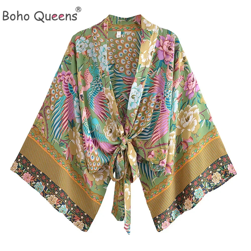 Boho Dinner ens Peacock Short Robe Kimono Swimsuits for Women, Floral BatOOSleeves, Rayon, Bohemian Bikini Cover Ups, Beachwear, Fashion