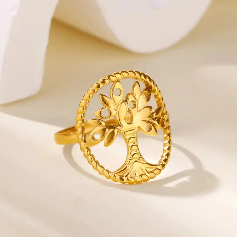 Elegant Tree Ring Gold Plated Stainless Steel