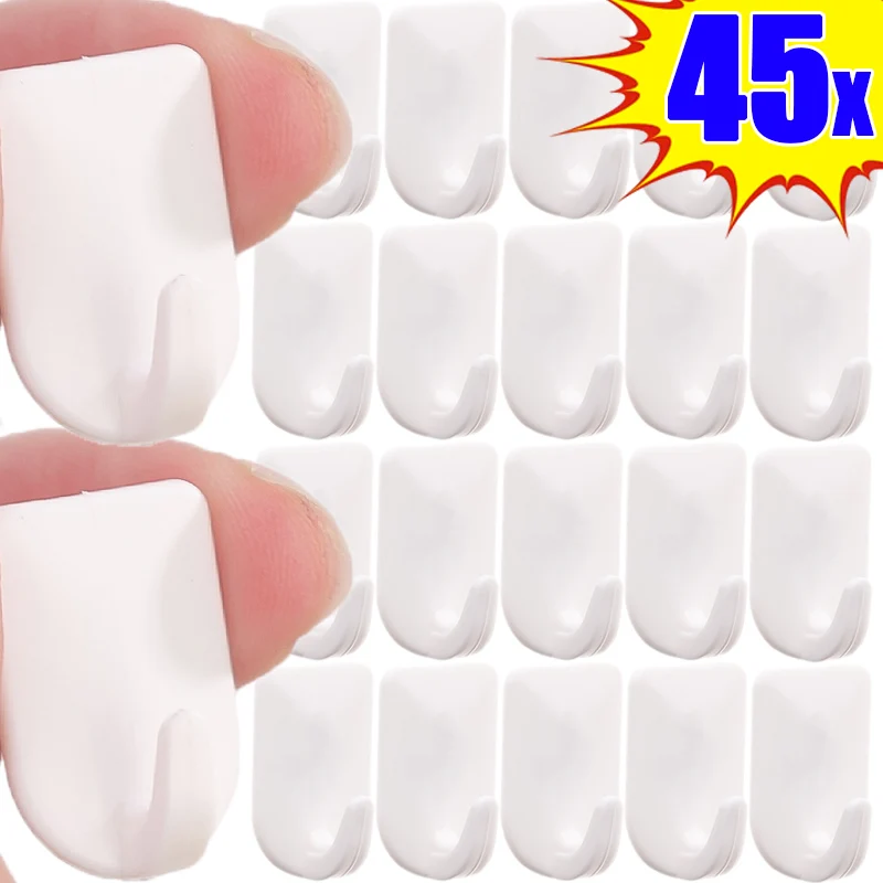 

9/45PCS Mini Self Adhesive Hook Plastic Wall Door Hook No Punching Towel Hook Multifunctional Key Kitchen Bathroom Storage Rack
