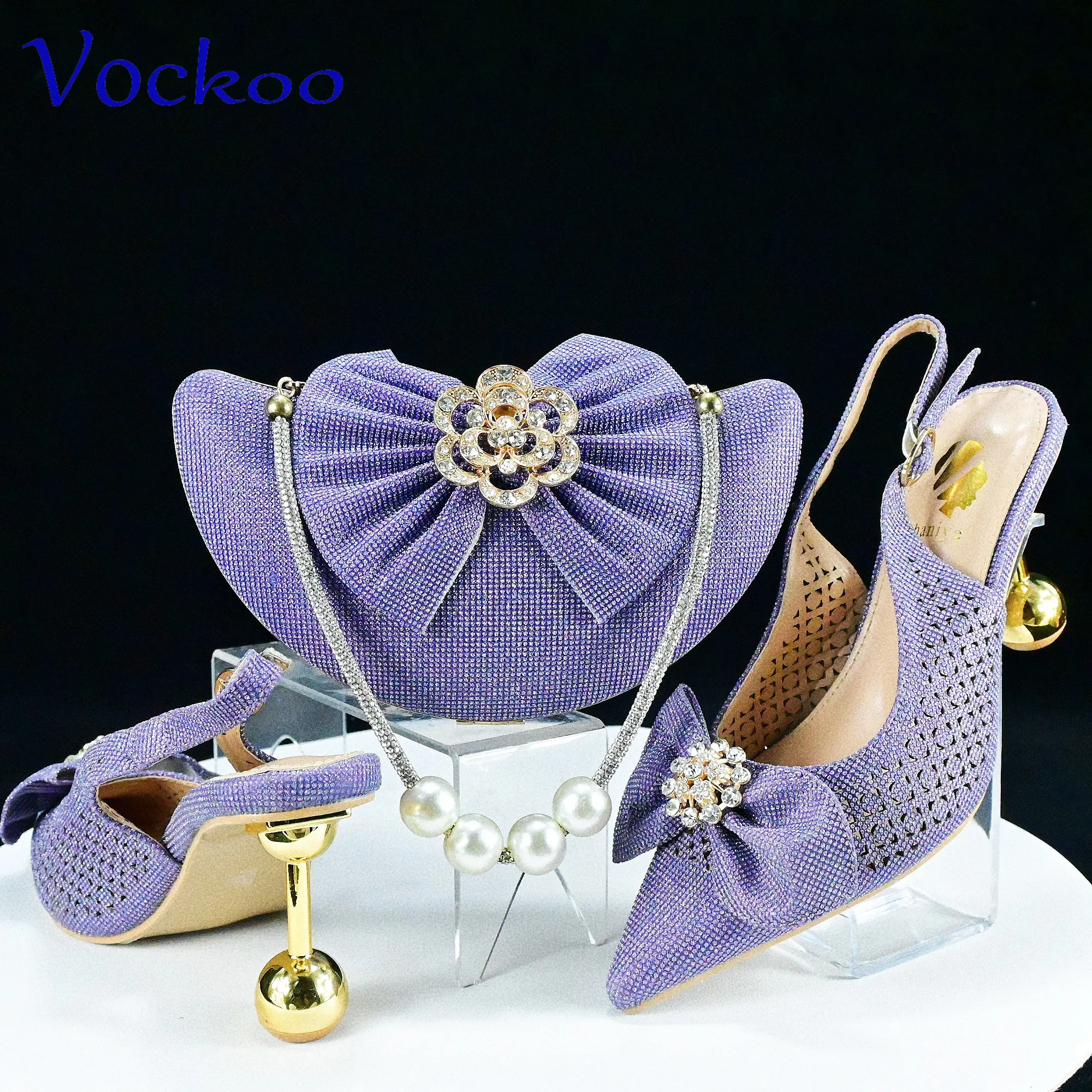 

2024 Special Italian Women Design Nigerian Shoes and Bag Set in Purple Color Mature Style INS Hot Sale with Crystal for Party