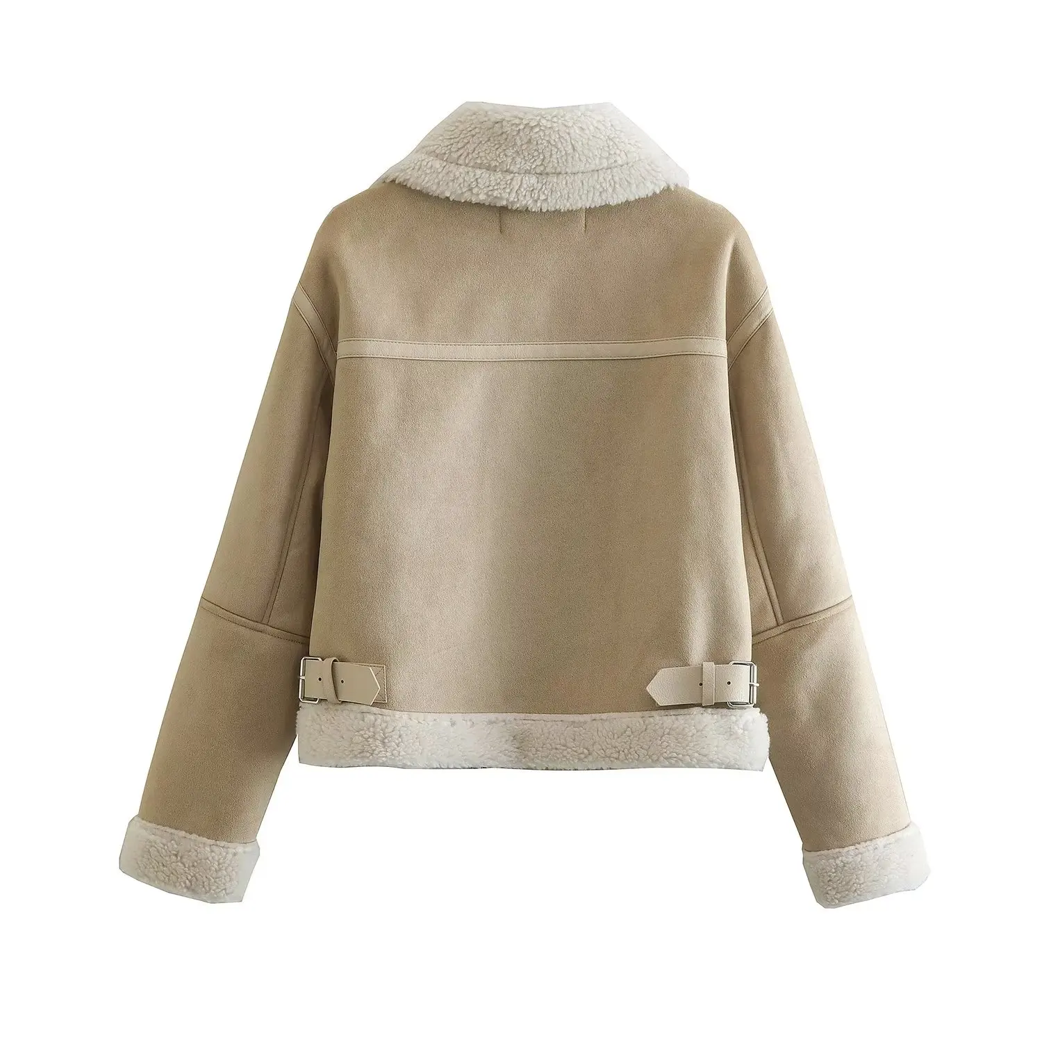 Jenny&Dave 2024 British Khaki Simple Fleece Warm Jacket Women Fashion Autumn And Winter Women's Leather Jacket