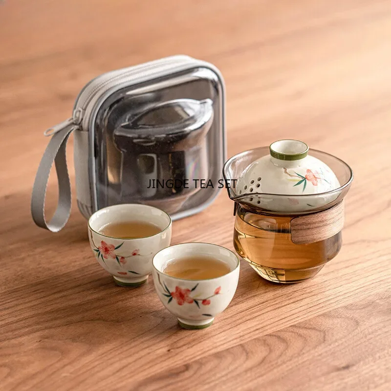 Ceramic hand-painted peach blossom travel tea set 1 pot 3 cups portable storage tea maker