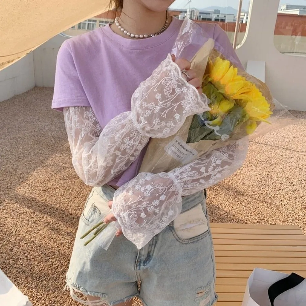 심플 탄성 아이스 실크 슬리브 속이 비치는 메쉬 자외선 차단 팔토시 루즈핏 꽃무늬 긴팔 팔 커버 여름용