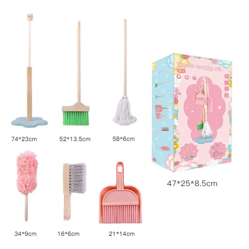 Wooden Cleaning Toys Set Detachable Cleaning Tool Includes Broom Mop Wooden Detachable Housekeeping Broom Dustpan Duster Brush 6