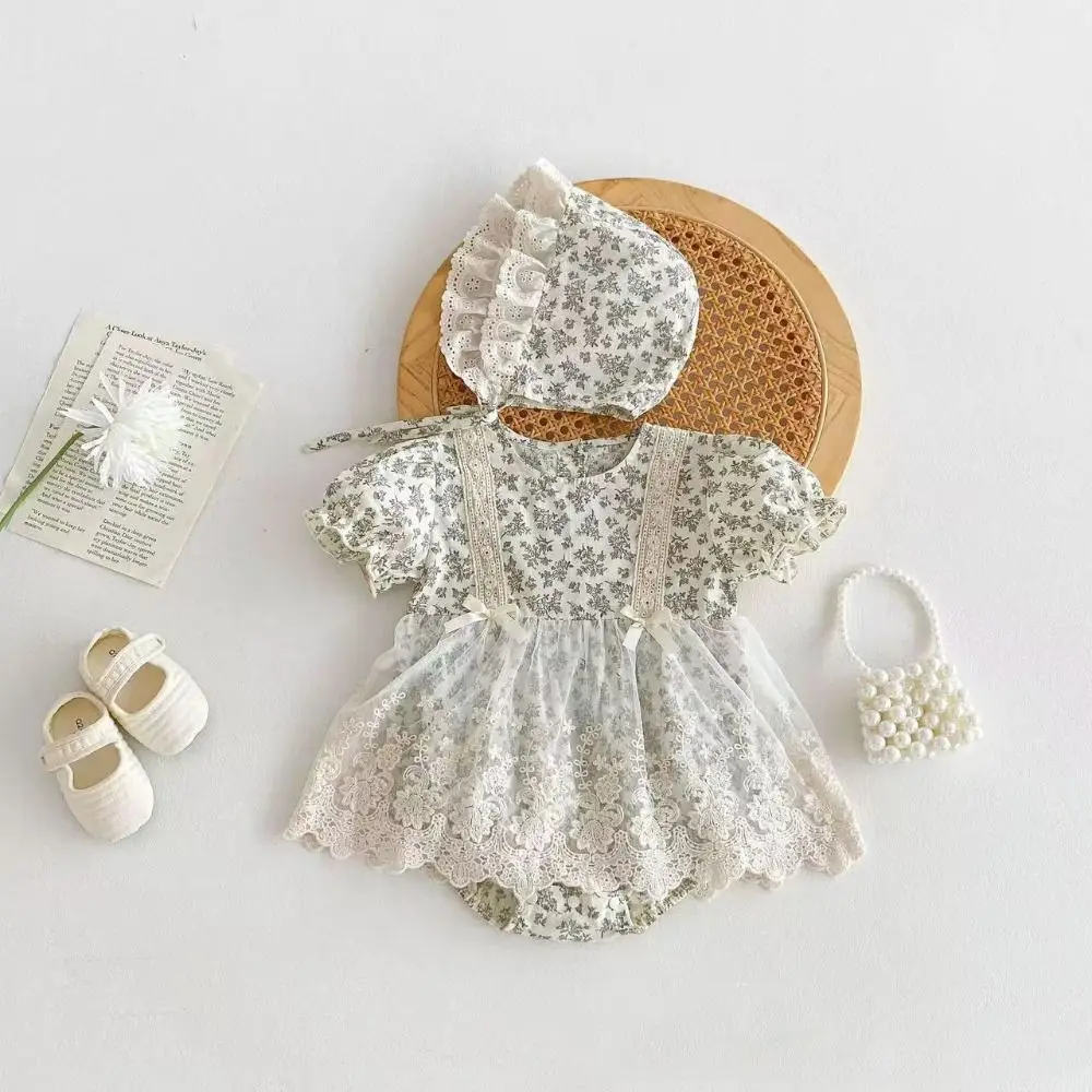 Casual Outfit Lace Mesh Baby Jumper Dress Bowknot Bodysuit Flower Baby Jumpsuit Fluffy Cotton Toddle Climb Suit Gifts
