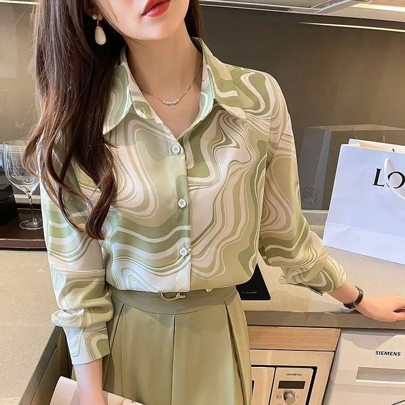 

Spring Autumn Fashion Elegant Polo Neck Long Sleeved Blouse Casual Versatile Western Solid Color Clothing Loose Women's Shirts