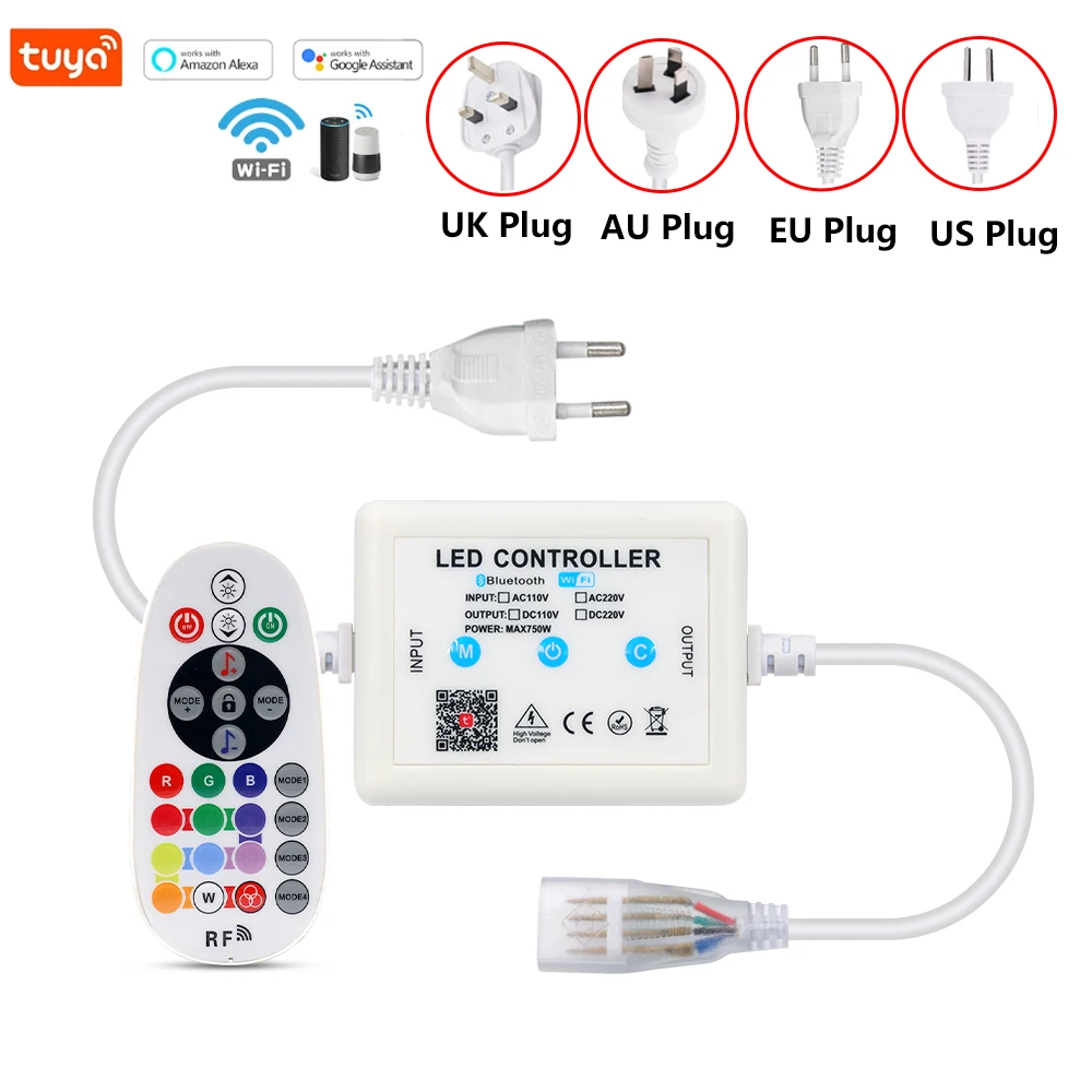 

Tuya Wifi Music Controller Dimmer With 25Keys RF Remote For 10MM PCB 5050 2835 RGB LED Strip Neon Light EU UK AU 220V US 110V