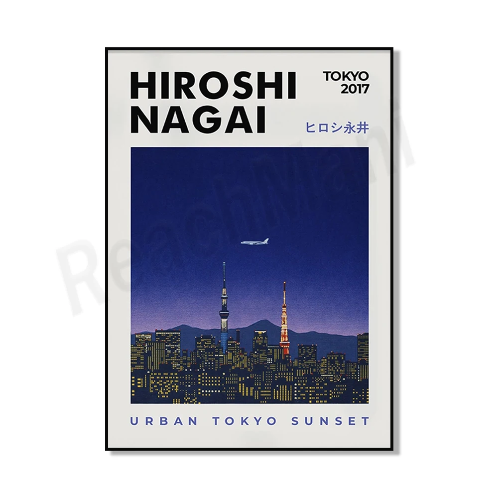 Japanese artist Hiroshi Nagai poster, sunset purple art in