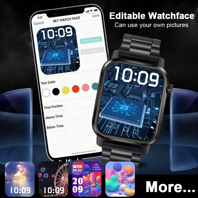 LIGE New 1.85 inch 3D Dynamic Screen Smart Watch Men Bluetooth Call AI Voice Bracelet Waterproof Sport Health Monitor Smartwatch 5
