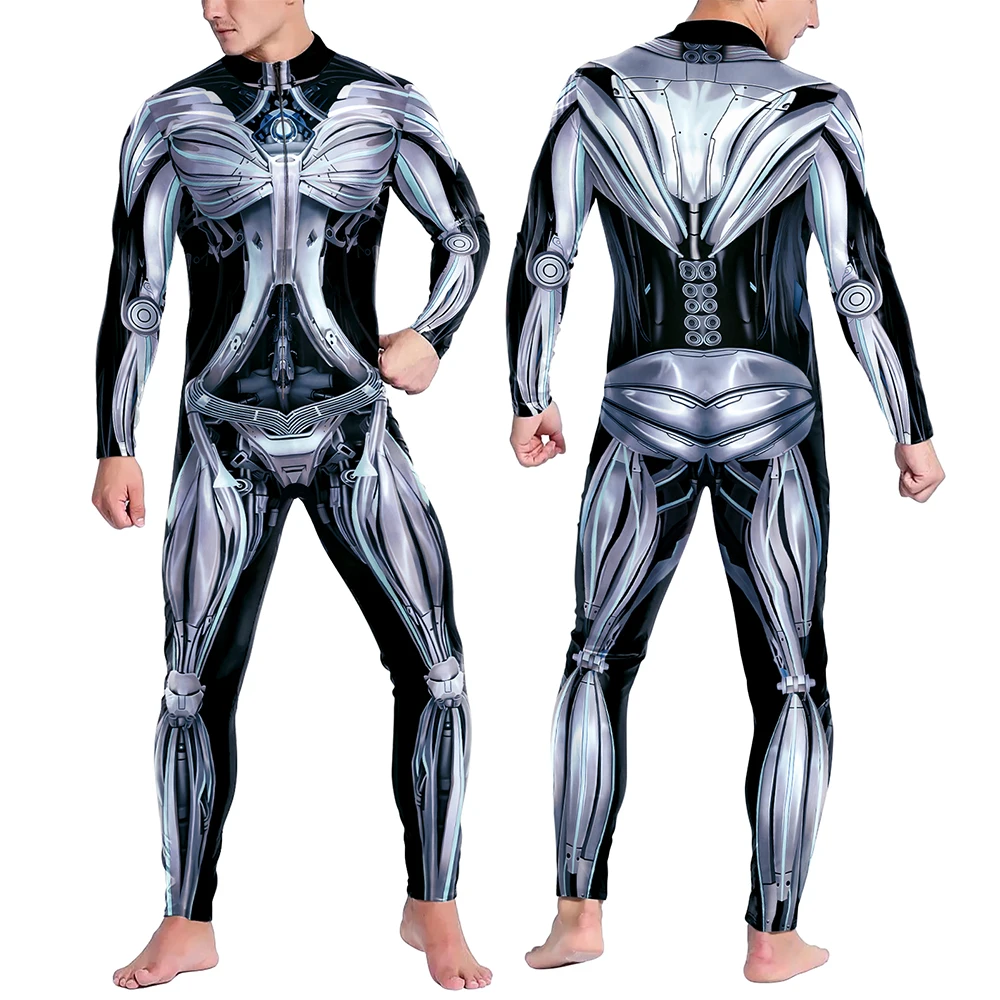 VIP FASHION Men Robot Skeleton Costume Fancy Bodysuit Front Zipper Cosplay Jumpsuit 3D Print Zentai Suit