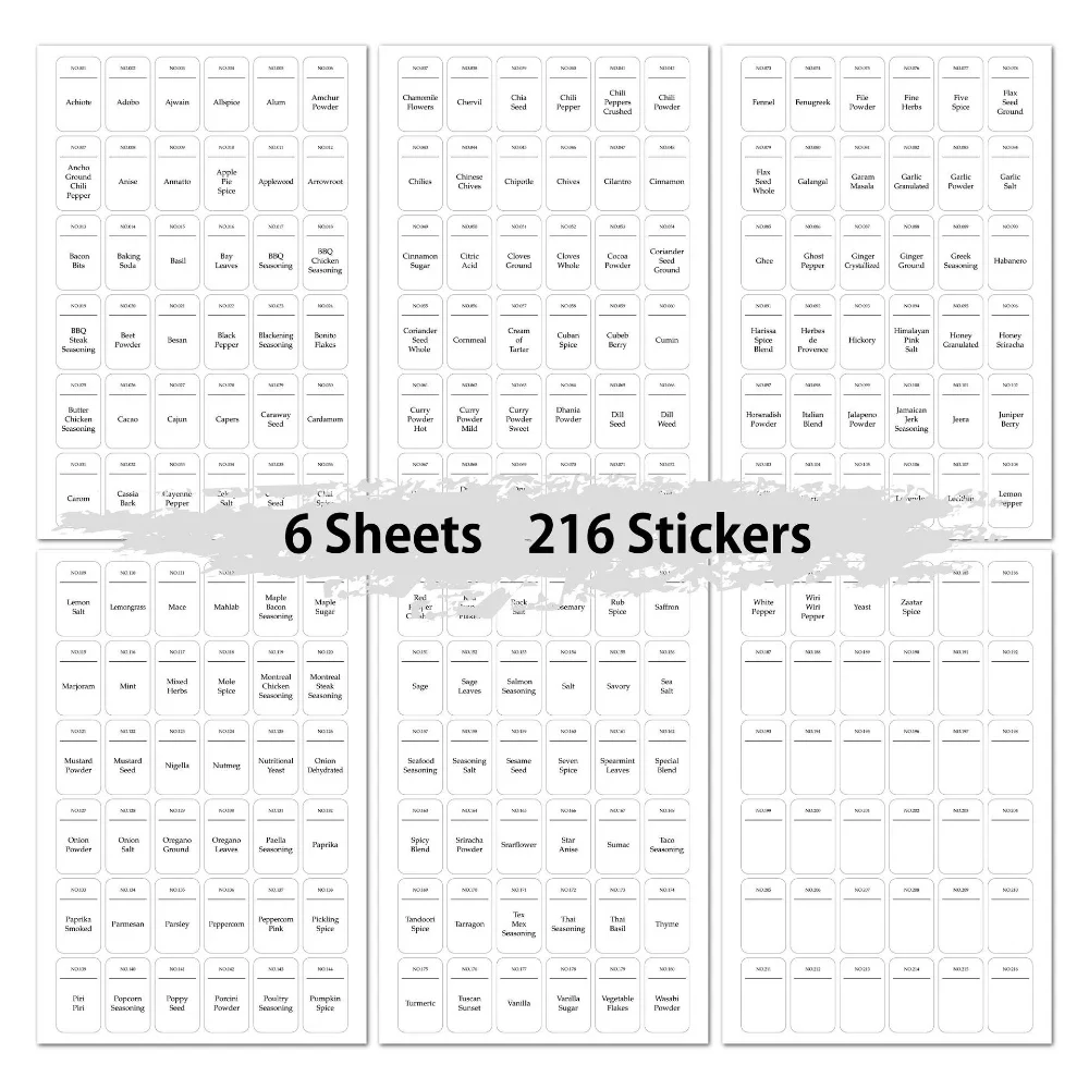 216/208 pcs 향신료 라벨 스티커 영어 프랑스어 향신료 항아리 스티커 흰색 식료품 저장실 접착제 주방 보관 항아리 병 태그