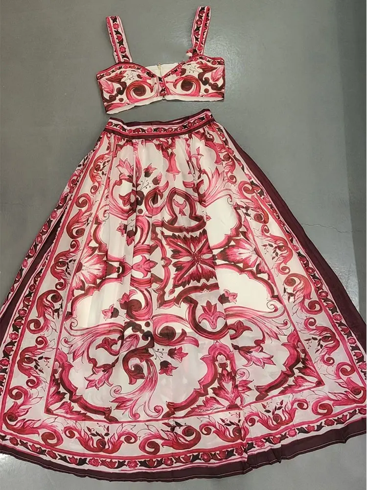 

Retro design blue and white porcelain print chest halter top two-piece women's 2023 new + high waist loose skirt fashion suit