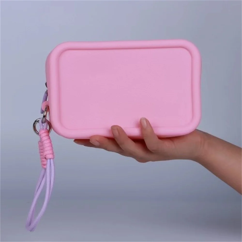 Candy Color Silicone Makeup Bag With Braided Wrist Rope Portable Lanyard Cosmetic Bags Waterproof Zipper Toiletries Lipstick Bag